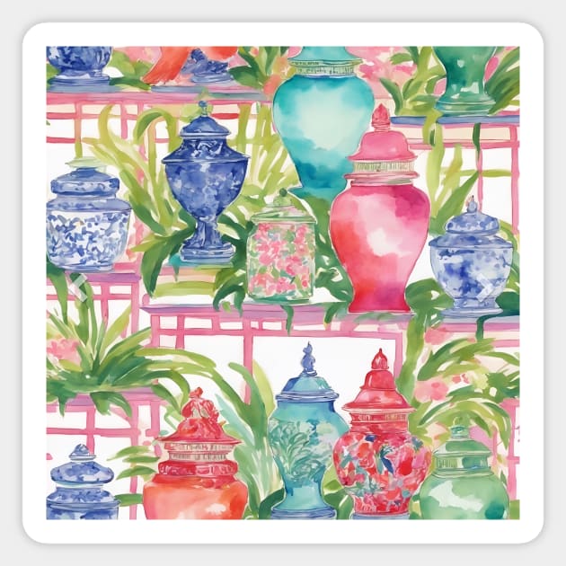 Chinoiserie jars on bamboo shelf watercolor Sticker by SophieClimaArt